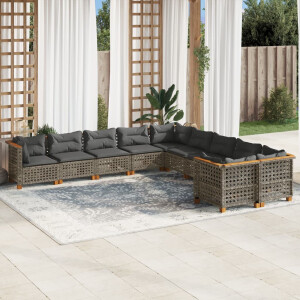 vidaXL 10-delige Loungeset met kussens poly rattan grijs