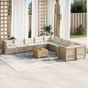 vidaXL 11-delige Tuinset met kussens poly rattan beige