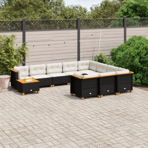 vidaXL 11-delige Loungeset met kussens poly rattan zwart