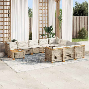 vidaXL 11-delige Tuinset met kussens poly rattan beige