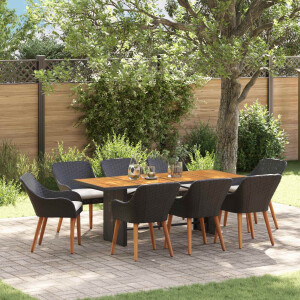 vidaXL Tuin eettafelset met kussen 9 pcs Zwart poly rattan