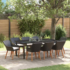 vidaXL Tuin eettafelset met kussen 9 pcs Zwart poly rattan