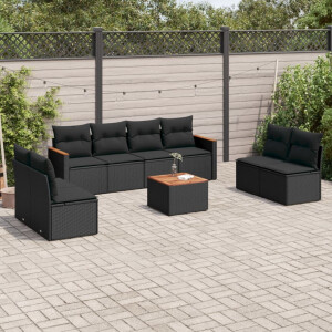 vidaXL 9-delige Loungeset met kussens poly rattan zwart