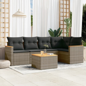 vidaXL 6-delige Loungeset met kussens poly rattan grijs