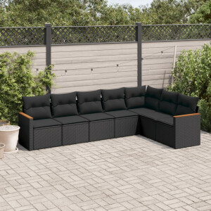 vidaXL 7-delige Loungeset met kussens poly rattan zwart