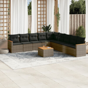 vidaXL 10-delige Loungeset met kussens poly rattan grijs