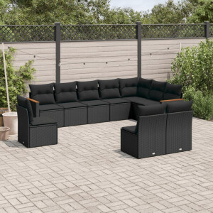 vidaXL 10-delige Loungeset met kussens poly rattan zwart