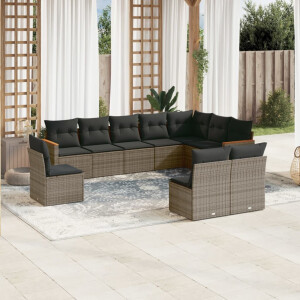 vidaXL 10-delige Loungeset met kussens poly rattan grijs