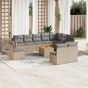 vidaXL 11-delige Tuinset met kussens poly rattan beige