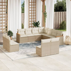 vidaXL 11-delige Tuinset met kussens poly rattan beige