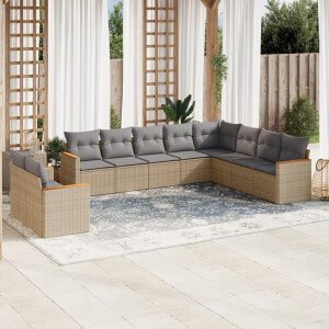 vidaXL 10-delige Loungeset met kussens poly rattan beige