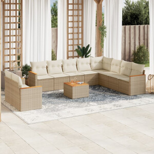vidaXL 11-delige Tuinset met kussens poly rattan beige