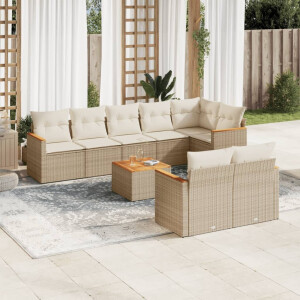 vidaXL 9-delige Loungeset met kussens poly rattan beige