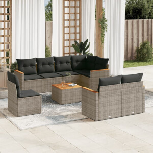 vidaXL 9-delige Loungeset met kussens poly rattan grijs