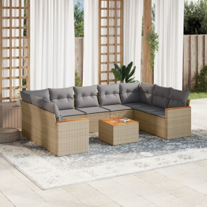 vidaXL 10-delige Loungeset met kussens poly rattan beige