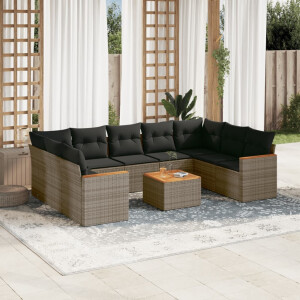 vidaXL 10-delige Loungeset met kussens poly rattan grijs
