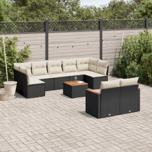 vidaXL 10-delige Loungeset met kussens poly rattan zwart