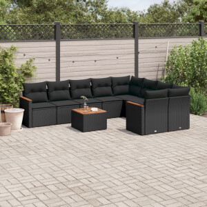 vidaXL 10-delige Loungeset met kussens poly rattan zwart
