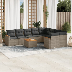 vidaXL 10-delige Loungeset met kussens poly rattan grijs