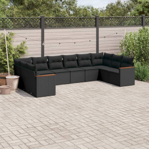 vidaXL 10-delige Loungeset met kussens poly rattan zwart