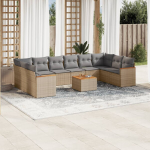 vidaXL 11-delige Tuinset met kussens poly rattan beige