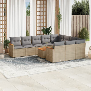 vidaXL 11-delige Tuinset met kussens poly rattan beige