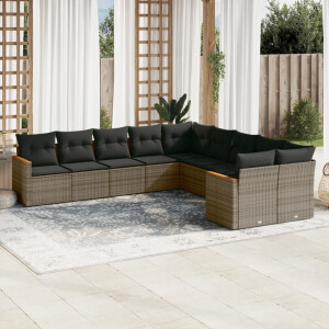 vidaXL 10-delige Loungeset met kussens poly rattan grijs