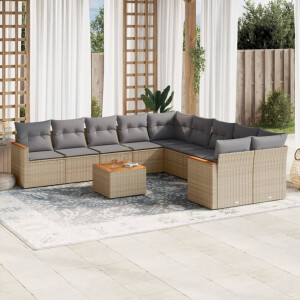 vidaXL 11-delige Tuinset met kussens poly rattan beige