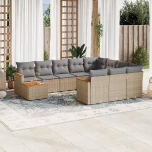 vidaXL 11-delige Tuinset met kussens poly rattan beige