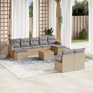 vidaXL 10-delige Loungeset met kussens poly rattan beige