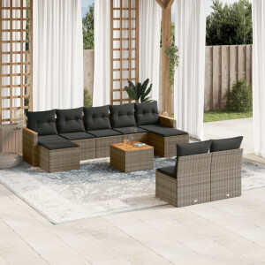 vidaXL 10-delige Loungeset met kussens poly rattan grijs