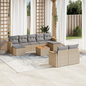 vidaXL 10-delige Loungeset met kussens poly rattan beige