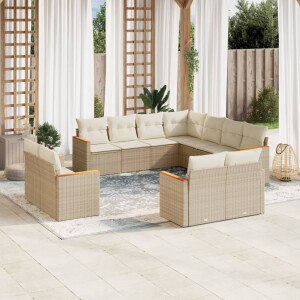 vidaXL 11-delige Tuinset met kussens poly rattan beige
