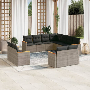 vidaXL 11-delige Loungeset met kussens poly rattan grijs