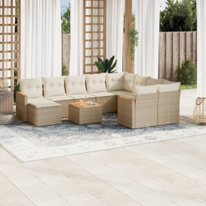 vidaXL 11-delige Tuinset met kussens poly rattan beige