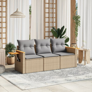 vidaXL 3-delige Loungeset met kussens poly rattan beige