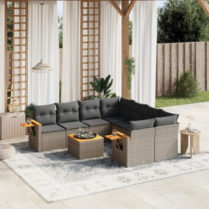 vidaXL 9-delige Loungeset met kussens poly rattan grijs