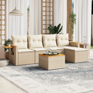 vidaXL 6-delige Loungeset met kussens poly rattan beige