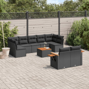 vidaXL 10-delige Loungeset met kussens poly rattan zwart