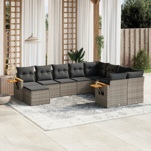 vidaXL 10-delige Loungeset met kussens poly rattan grijs