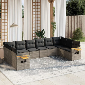 vidaXL 10-delige Loungeset met kussens poly rattan grijs