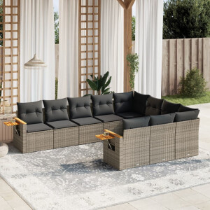 vidaXL 10-delige Loungeset met kussens poly rattan grijs