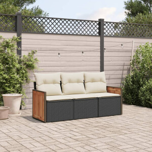 vidaXL 3-delige Loungeset met kussens poly rattan zwart