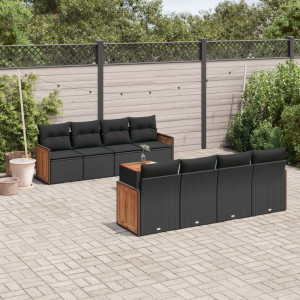 vidaXL 9-delige Loungeset met kussens poly rattan zwart