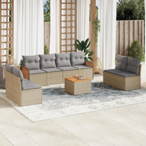 vidaXL 9-delige Loungeset met kussens poly rattan beige