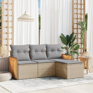 vidaXL 4-delige Loungeset met kussens poly rattan beige