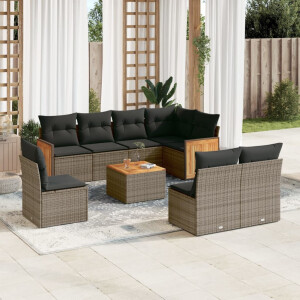 vidaXL 9-delige Loungeset met kussens poly rattan grijs