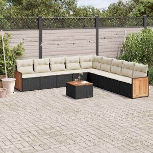 vidaXL 10-delige Loungeset met kussens poly rattan zwart