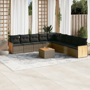 vidaXL 10-delige Loungeset met kussens poly rattan grijs