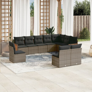vidaXL 10-delige Loungeset met kussens poly rattan grijs